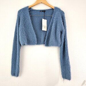 Zara Sz S Soft Fuzzy Cropped Cardigan Open Front Ice Blue Long Sleeve Soft Cozy